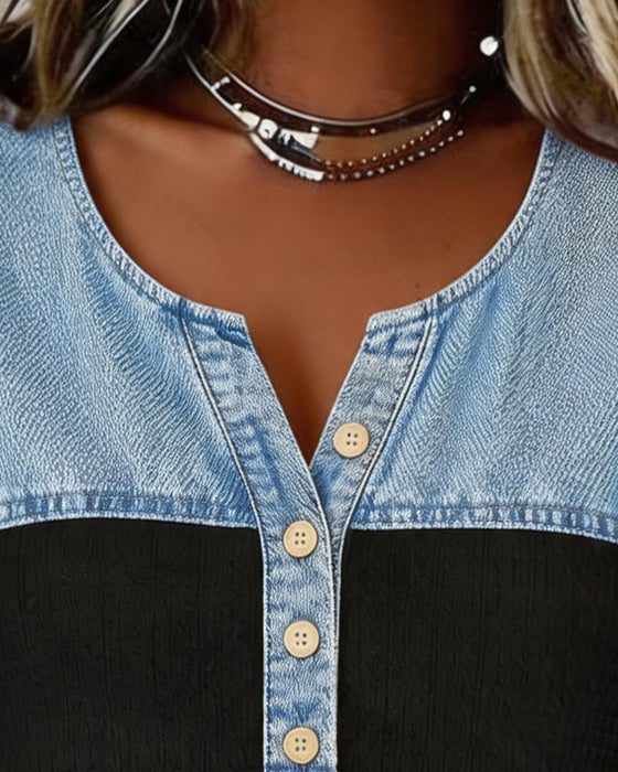 Blouse Denim Patchwork Manche Courte