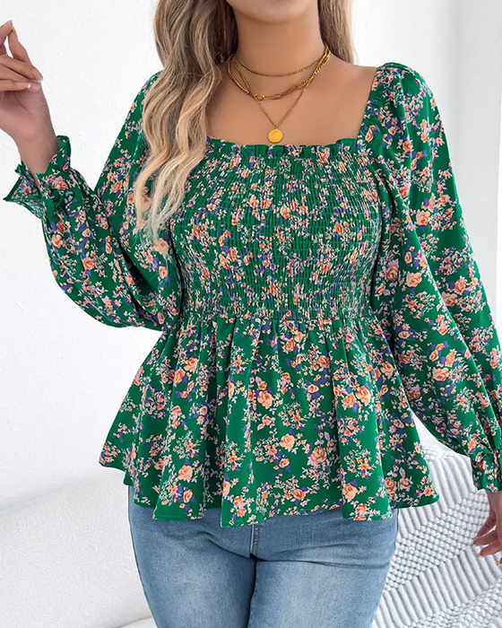Blouse Col Carré Froncée Fleurie Volant