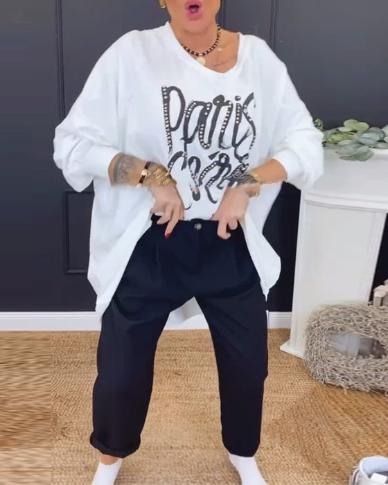 Haut Col Rond Imprimé Lettre Irrégulier