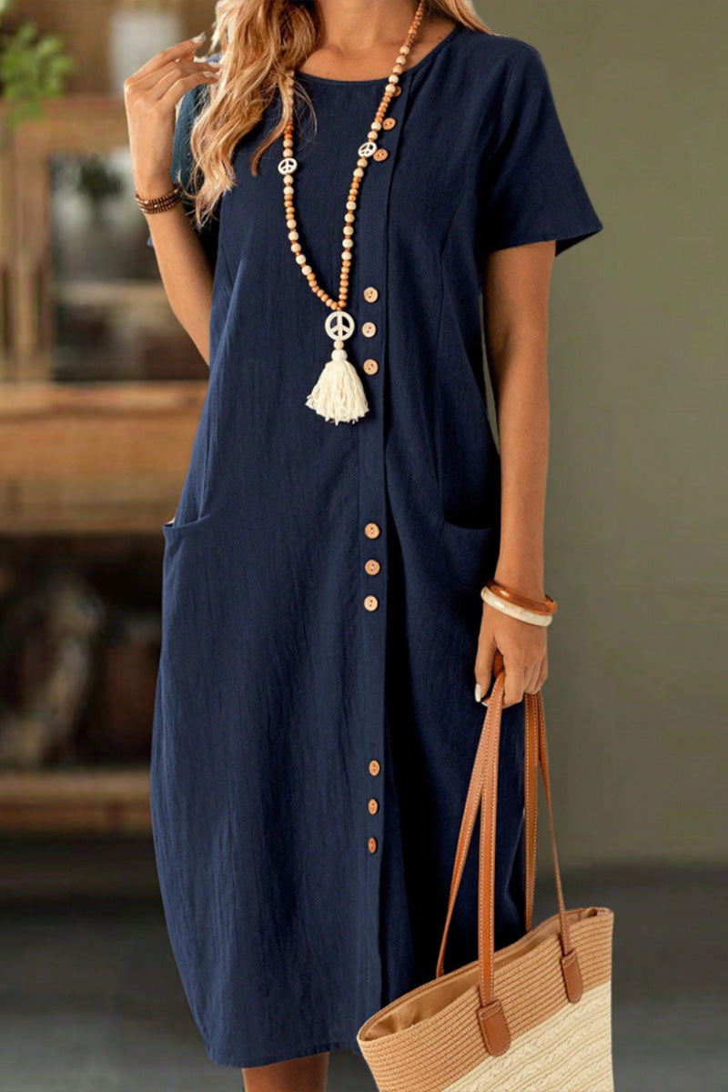 Robe Boutonnée Manches Courtes Poche Shift
