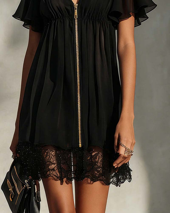 Robe Volant Manche Évasée Fermeture Éclair Dentelle