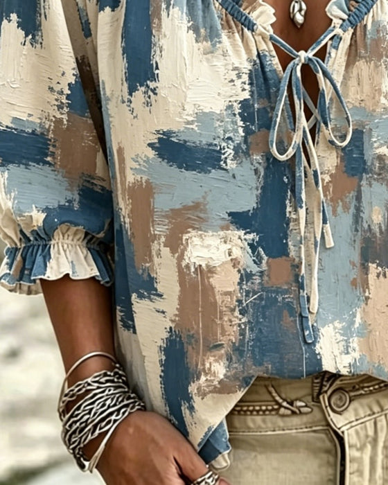 Blouse Décontractée Imprimée Col V
