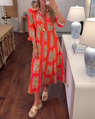 Robe Manche Longue Revers Imprimé Maxi