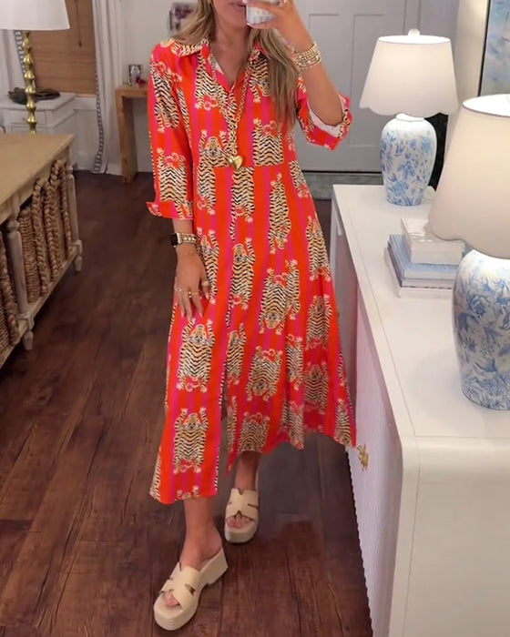 Robe Manche Longue Revers Imprimé Maxi