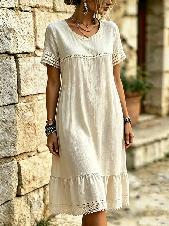 Robe Dentelle Volant Col-Rond Manche-Courte