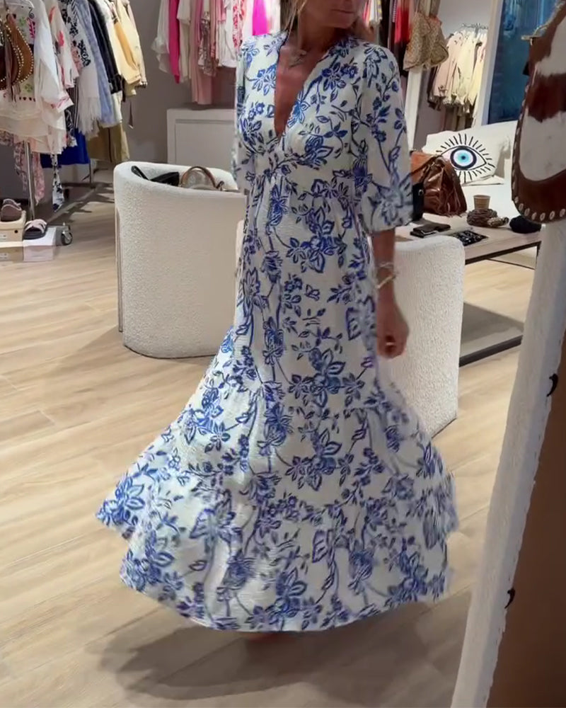 Robe Décolleté Profond En V Élégant Floral Longue