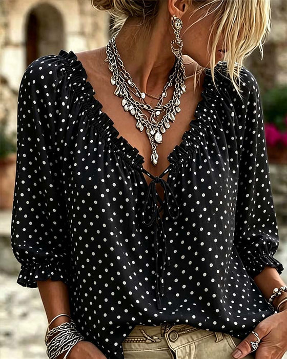 Blouse Col V Volant Polka Dot Attache