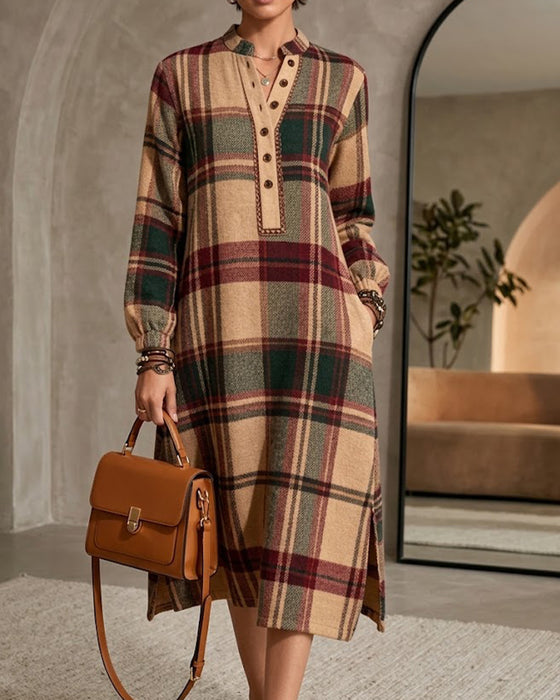 Robe Col En V Boutonné Écossais Fente