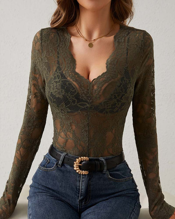 Blouse Bordure Dentelle Manches Longues