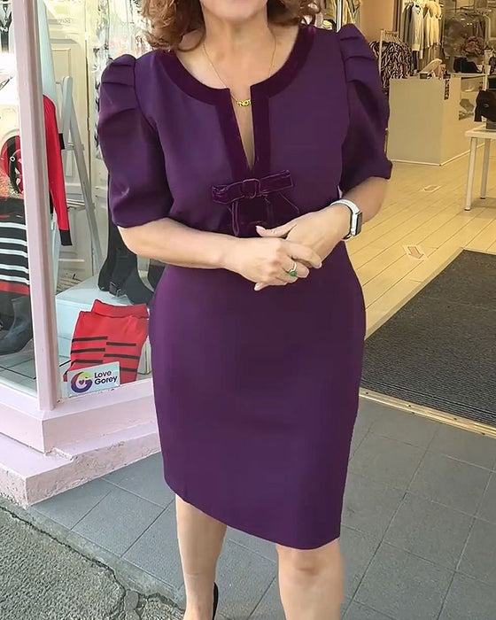 Robe Manches Bouffantes Nœud Velours Patchwork