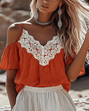 Blouse Dentelle Patchwork Off-Épaule