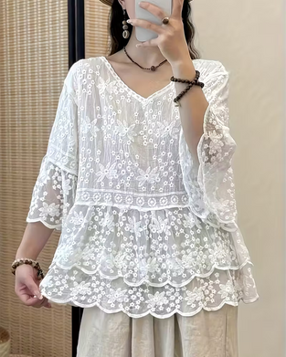 Blouse Manche Courte Dentelle Garniture