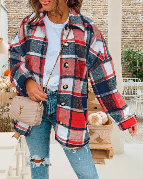 Veste décontractée à revers boutonnés et imprimé écossais