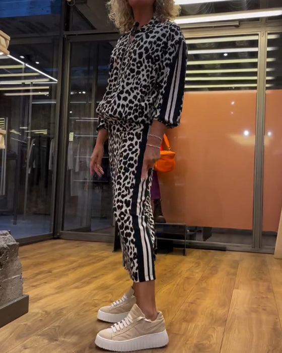 Ensemble deux pièces jupe rayée à imprimé léopard