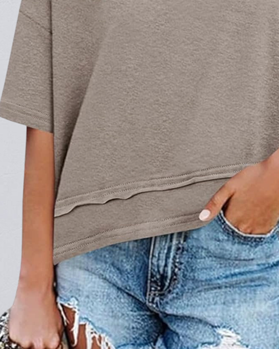 Blouse Unie Col En V Ourlet Patchwork