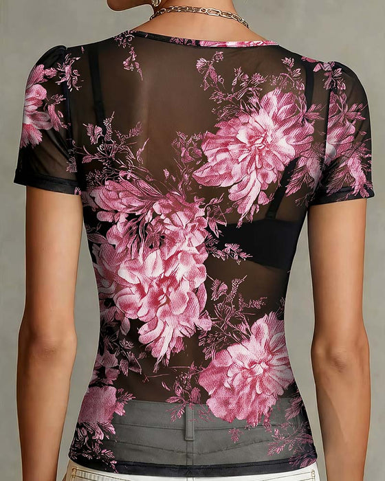 T-Shirt À Encou En V À Motif Floral Manches Courtes