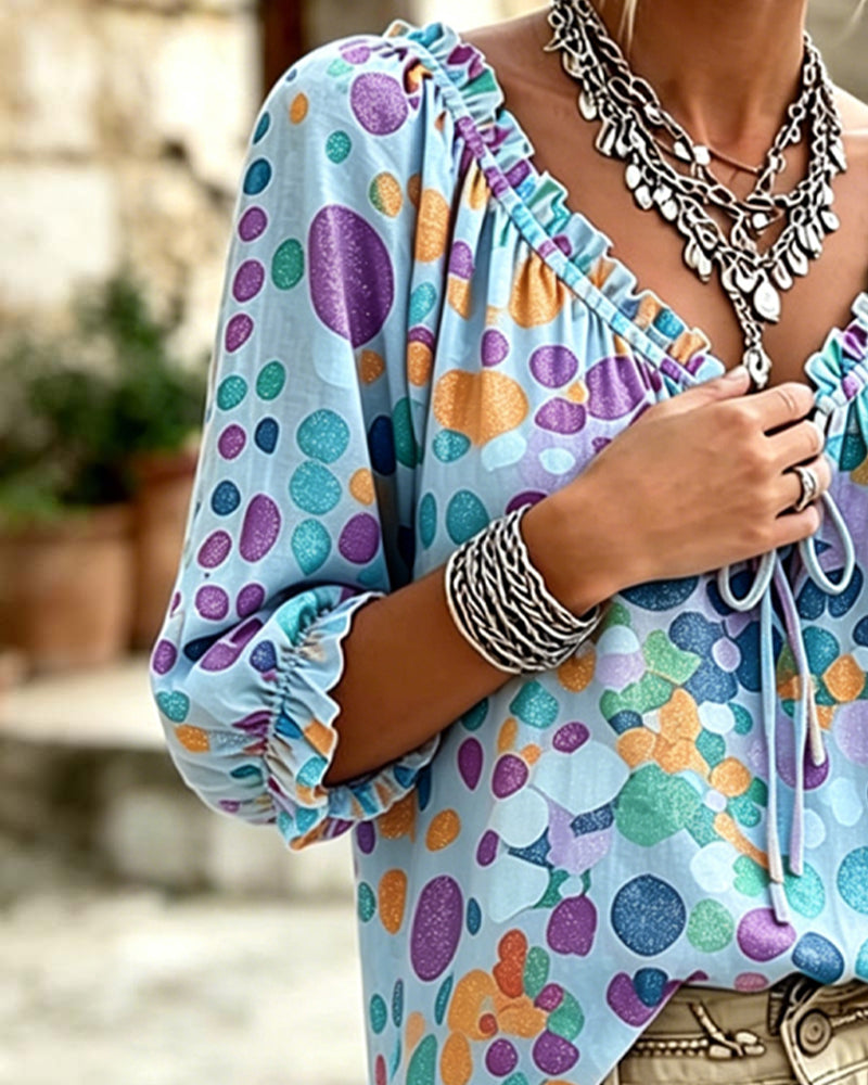Blouse Col V À Pois À Lacets