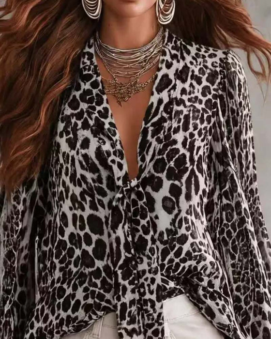 Chemise Col‑v Léopard Transparent Manches‑longues