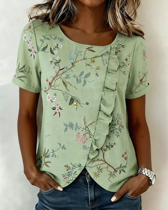 Blouse Col Rond Manches Courtes Volantée Florale