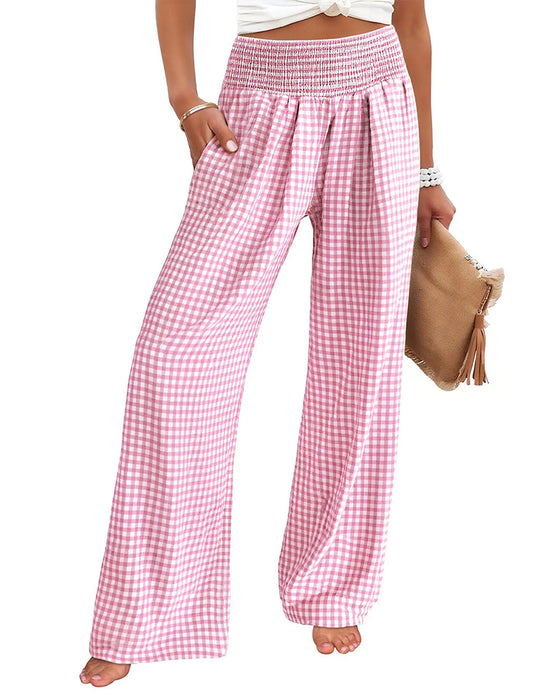 Pantalon Taille Haute À Carreaux Large Jambe