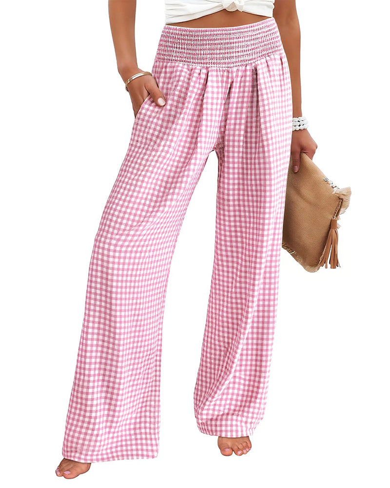 Pantalon Taille Haute À Carreaux Large Jambe