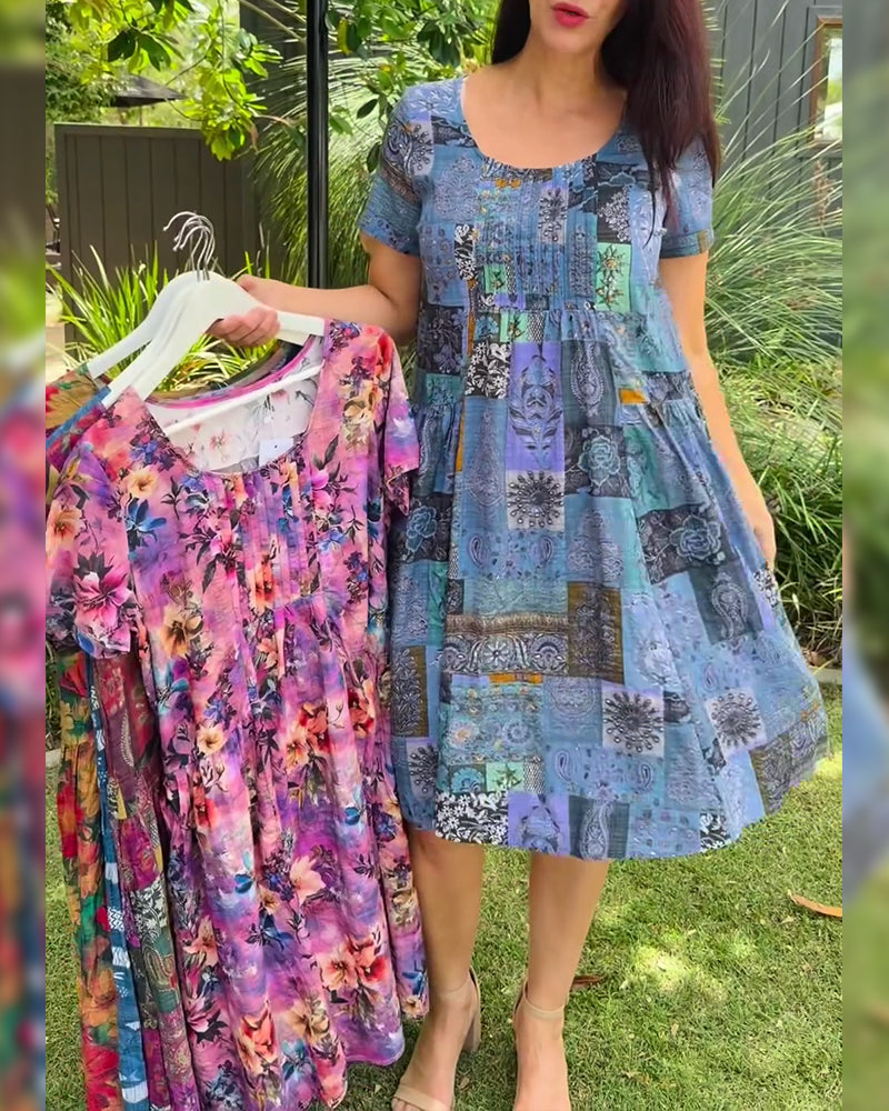 Robe Col Rond Plissée Imprimée Trapèze