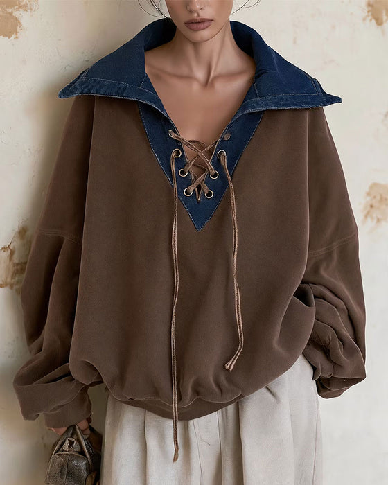 Sweatshirt Revers Denim Patchwork Lâche
