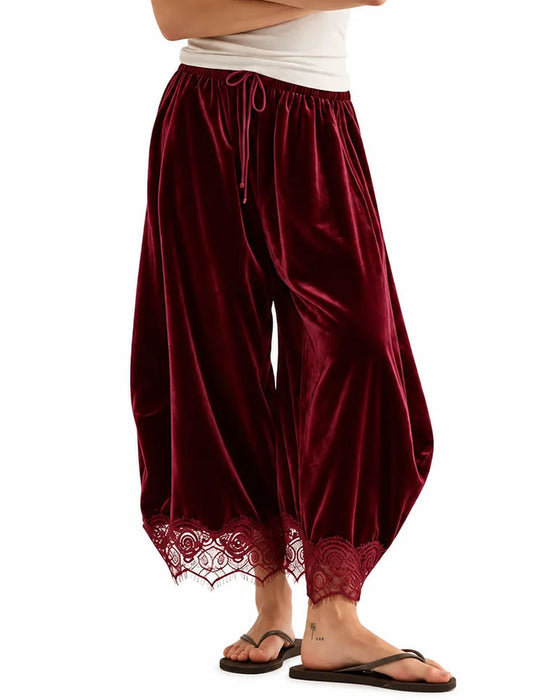 Pantalon Taille Élastique Dentelle Couture Jambe Large