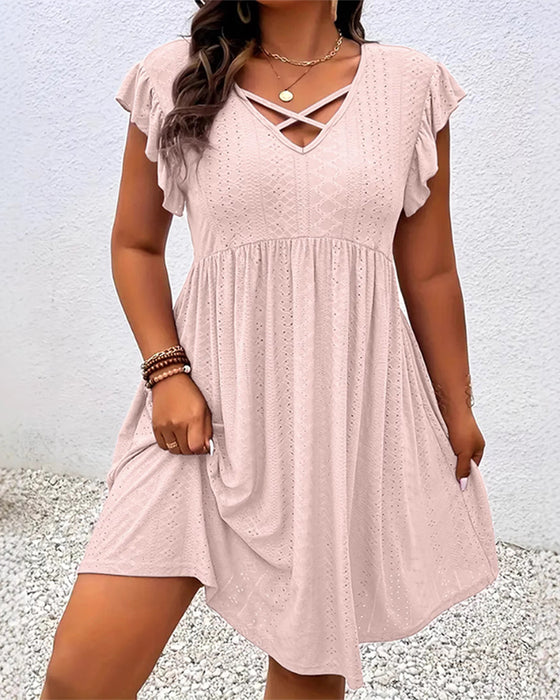 Robe Unie Ajourée Manche Feuille De Lotus