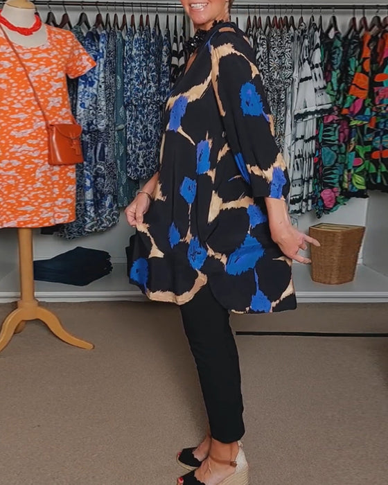 Chemisier décontracté à manches longues et col en V avec imprimé de couleurs contrastées