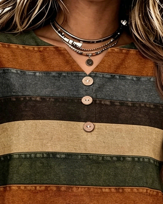 T-Shirt Bouton Patchwork Rayure Horizontale