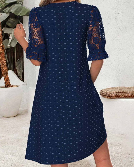 Robe Col V Imprimé Dentelle Patchwork Ligne A