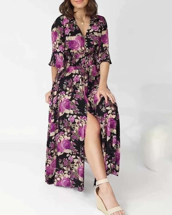 Robe longue à col en V à imprimé floral