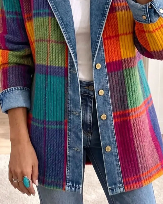 Manteau Col À Revers Bouton Côtelé Bloc De Couleur Denim Patchwork