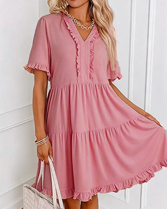 Robe Bordure Volantée Col En V Ourlet Superposé