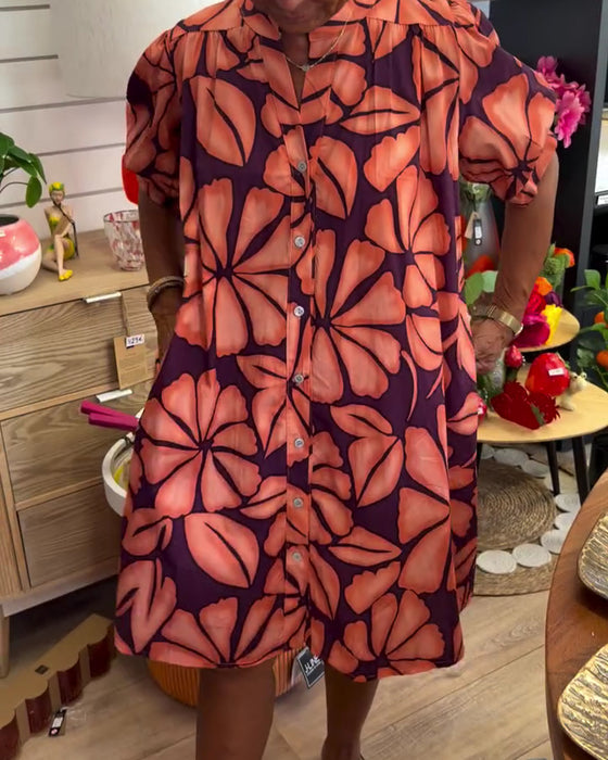Robe Manches Ballon Fleurie Col Montant Chemise
