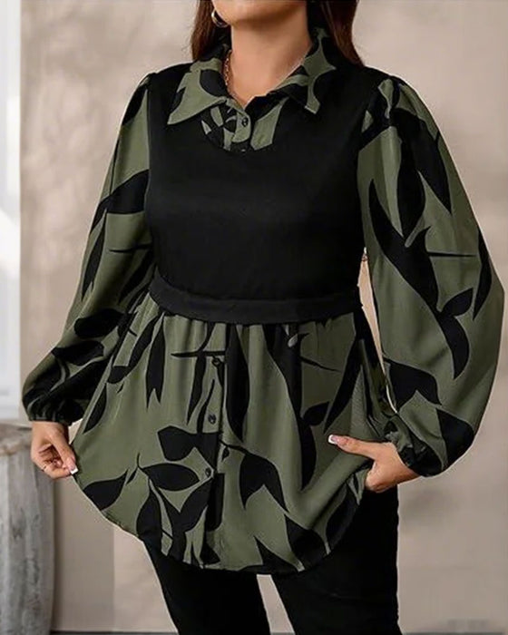 Haut Faux Deux-Pièces Patchwork Imprimé Feuille