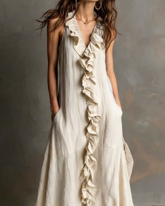 Robe Volant Col En V Poche Sans Manches