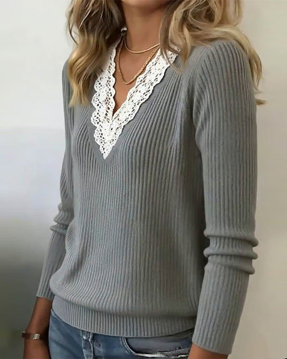 Pull À Col En V Avec Empiècement En Dentelle