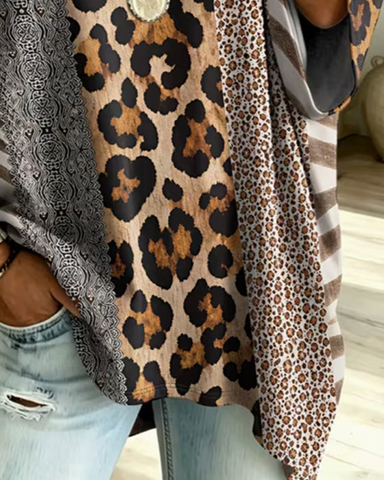 Haut Léopard Imprimé Patchwork Col V Décontracté