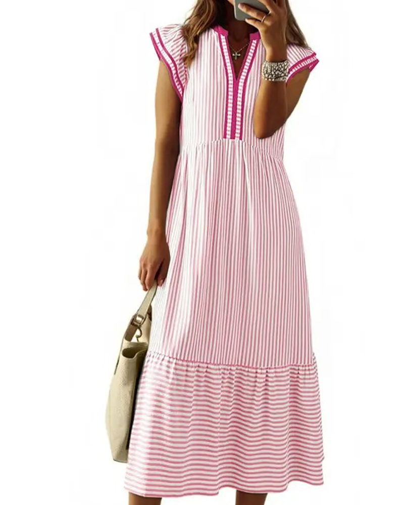 Robe Rayée Double Volant Manches Courtes
