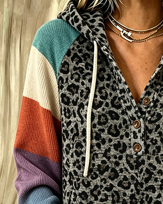 Hoodie Léopard Bloc De Couleur Bouton