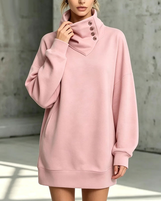 Robe Col Roulé Bouton Diagonal Coupe Loose
