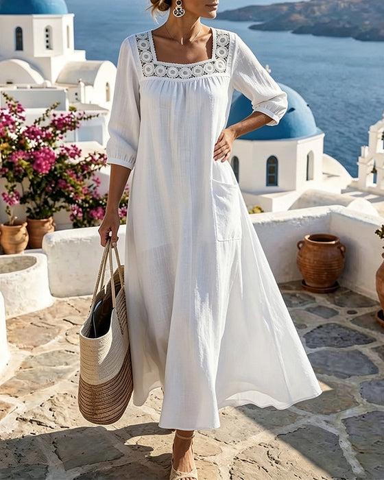 Robe Col Carré Découpé Poche Appliquée Unie