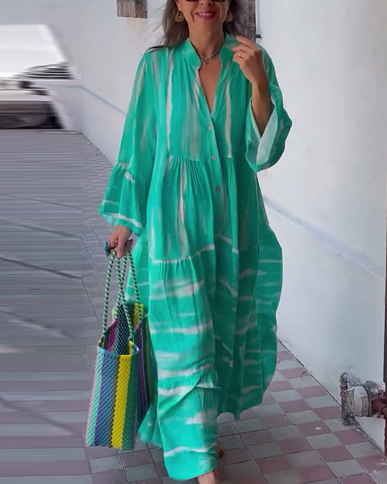 Robe longue ample décontractée à col en V et manches évasées