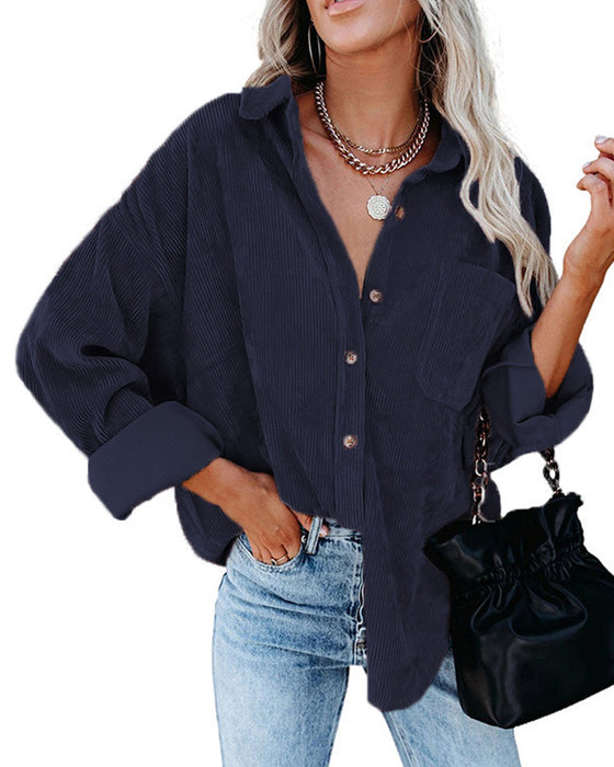 Blouse Unie En Velours Côtelé Avec Poche