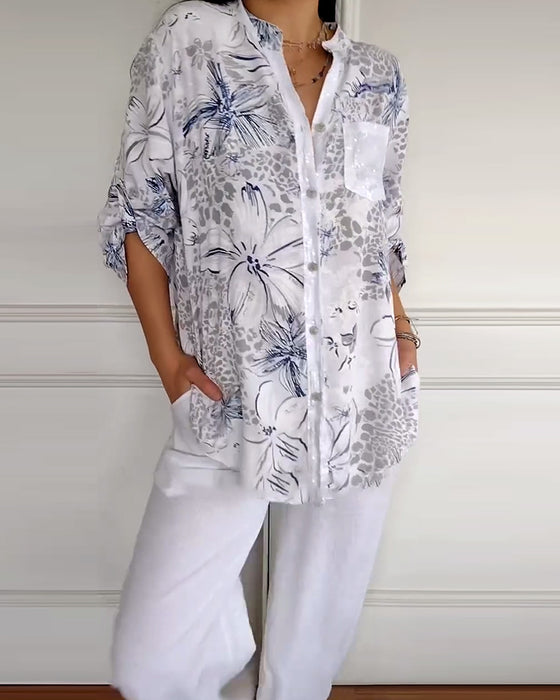 Chemise Col Montant Poche Imprimée