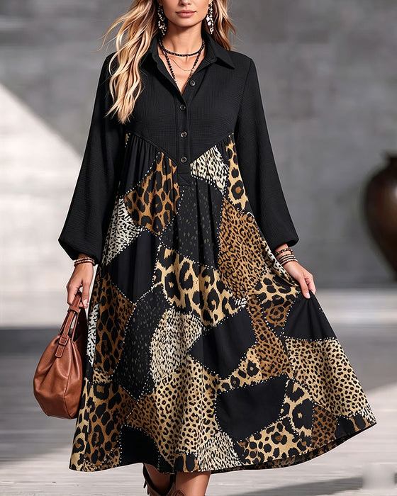 Robe Léopard Bloc De Couleur Revers Manche Longue