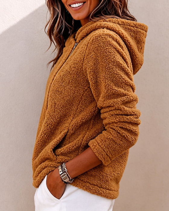 Manteau Fermeture Éclair Diagonale À Capuche Uni