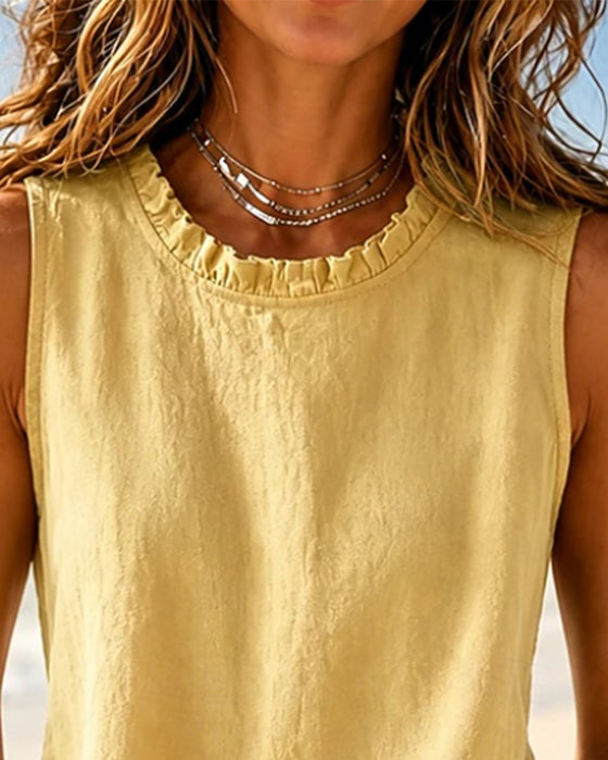 Débardeur Couleur Unie Sans Manches Col Rond Lace